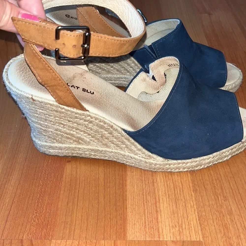 Chocolat Blu women’s navy blue and brown suede espadrilles Size 41 US 11